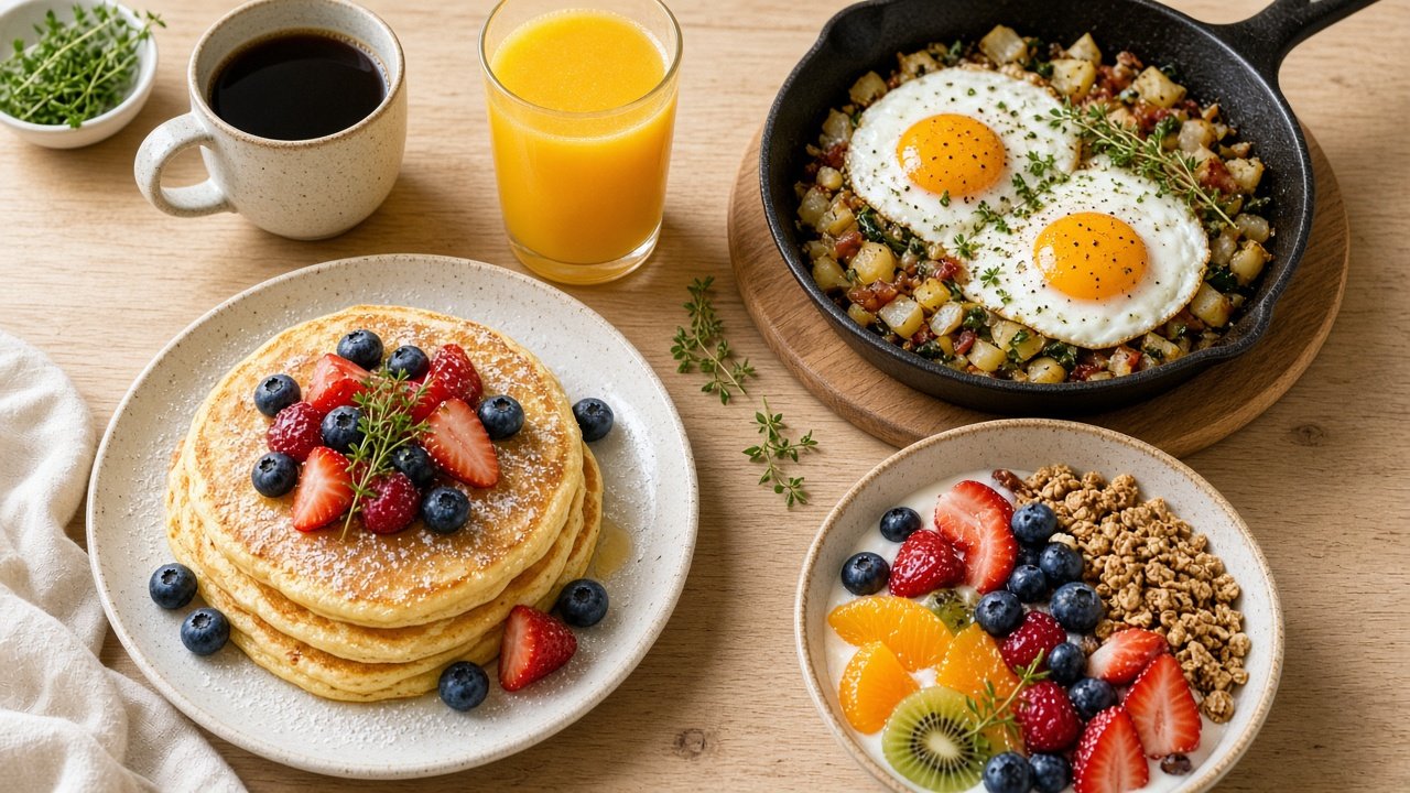 Pancakes, eggs, fruit, juice, and coffee on a bright breakfast table